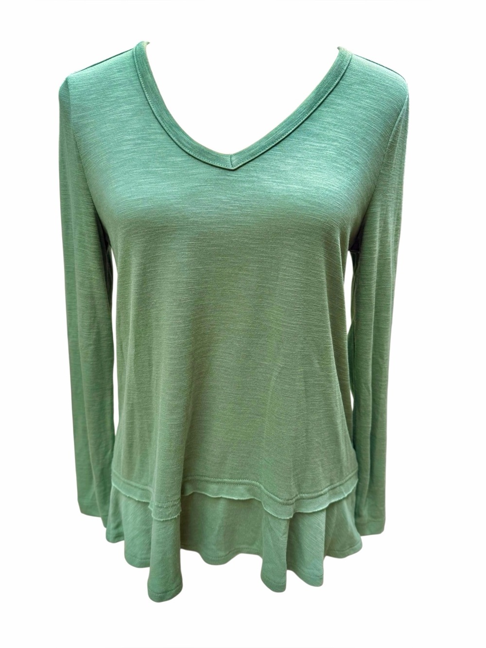 J. Crew Small Women's V-Neck Long Sleeve Layered Hem Top Green New with Tags